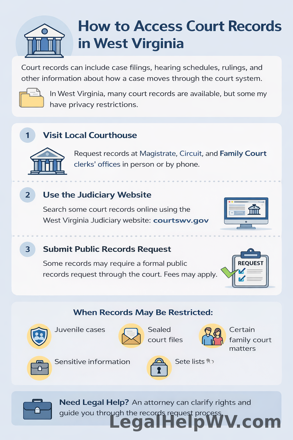 How to access court records in West Virginia infographic LegalHelpWV